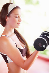 Image showing Profile, workout and woman with dumbbells for exercise, training and sports. Athlete, bodybuilder and female person weight lifting for strong muscle, power or fitness, health and wellness in gym.