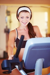 Image showing Woman, treadmill and gym portrait with happiness, excited face and steps for fitness, wellness or health. Girl runner, running machine and happy for workout, exercise or training for self care goal