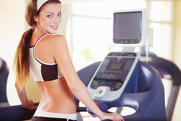 Image showing Woman, exercise portrait and happy on treadmill for fitness, wellness and health in gym with excited face. Girl runner, running machine and happiness for body goal, workout or training for self care