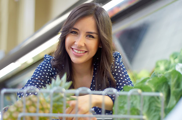 Image showing Shopping, grocery and smile with portrait of woman with trolley for supermarket, food and retail. Happy, food and product with female customer and cart in store for consumer, purchase and sale