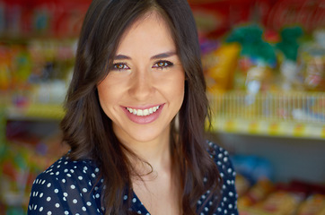 Image showing Young woman, portrait and smile in grocery store for shopping, discount and sale for customer experience. Shop owner, small business and female entrepreneur in supermarket with pride, happy and goals