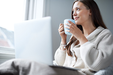 Image showing Woman, coffee and laptop for thinking by window with happiness, memory or idea for vision in home. Girl, student and computer with tea cup, relax and brainstorming for learning, education and future