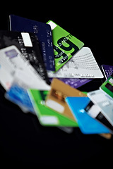 Image showing Credit cards, financial and bank debt with no people and plastic investment fund. Savings, debit and finance card pile for banking account, online funding and electronic payment for bills and loan