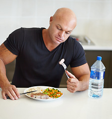 Image showing Bodybuilder man, food and eating in home with meal, water and healthy protein for wellness, diet or hungry. Guy, body builder and steak for dining, nutrition or health at dinner for lifestyle