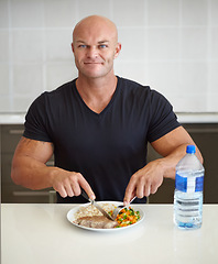 Image showing Bodybuilder man, meal and home in portrait with food, water and healthy protein for wellness, diet or smile. Guy, body builder and eating with dining, nutrition or health at dinner for lifestyle