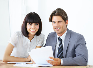 Image showing Teamwork, smile and portrait of business people in office for planning, meeting and project management. Happy, collaboration and documents with man and woman for strategy, brainstorming and solution