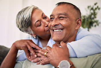 Image showing Face, kiss or happy elderly couple hug, support and enjoy time together, smile and retirement wellness. Happiness, Mexico home and senior man, old woman or people bonding, relax and care for partner