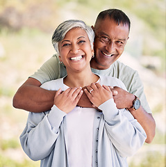 Image showing Senior couple, hug and happy portrait together in nature and love in marriage with support or garden in nursing home. Lovers, embrace and elderly people relax with happiness and smile in retirement