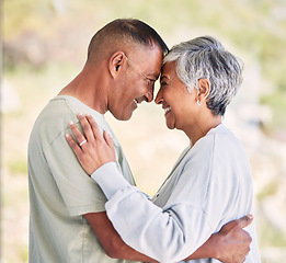 Image showing Senior couple, happy together and love in marriage or hug with support in nature, garden or nursing home. Lovers, embrace and elderly people relax with freedom, happiness and smile in retirement