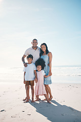 Image showing Vacation, beach and portrait of happy family together at the sea or ocean bonding for love, care and happiness. Travel, sun and parents with children or kids on to relax in mockup space on holiday