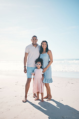 Image showing Summer, beach and portrait of happy family together at the sea or ocean bonding for love, care and happiness. Travel, sun and parents with child or kid on to relax in mockup space on outdoor holiday