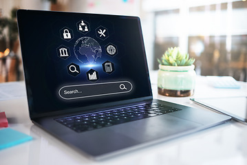 Image showing Search bar, internet and website with laptop screen in office for networking, digital and technology. Ux, data and iot with computer in agency for app, global communication and research