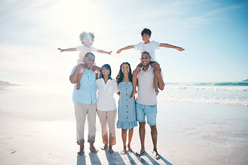 Image showing Holiday, beach and portrait of happy family bonding together at the sea or ocean for love, care and happiness. Travel, sun and parents with children or kids and grandparents on a vacation for freedom