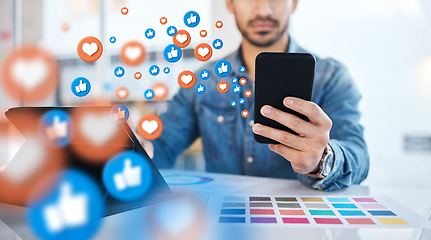 Image showing Notification, phone and businessman on social media networking as communication with overlay or graphic like. Digital, heart emoji and employee or worker texting on a mobile app, website or web