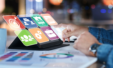 Image showing Hands, tablet and hologram dashboard for web design, transformation and overlay for app ui in office. Programming expert, touchscreen and holographic icon with color, choice or ux coding in workplace