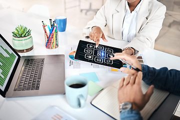 Image showing Business people, hands and tablet with icons for marketing, analytics or SEO at the office. Group working on technology display for online research, teamwork or planning strategy at workplace