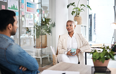 Image showing Business meeting, training and communication with company management of a worker. Discussion, office and team with brainstorming and creative design strategy with teamwork and collaboration vision