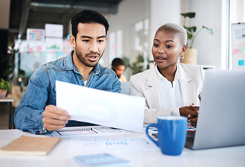 Image showing Office, business people and web design plan with sales strategy and communication at a company. Talking, collaboration and teamwork with creative paperwork analysis of marketing and data statistics