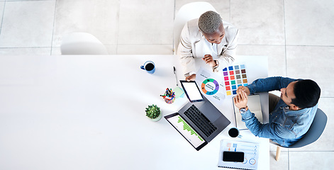 Image showing Data analysis, laptop and team working with statistics and infographics for planning business or startup. Tablet, businessman and woman with market research or information for seo from above