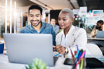 Image showing Business people, teamwork and laptop planning in creative agency for project, information or collaboration. Man, woman and diversity of employees at computer for feedback in coworking startup company