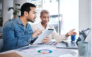 Image showing Office, business people and data with sales strategy and communication at a company. Talking, collaboration and teamwork with brainstorming and paperwork analysis of workforce with staff statistics