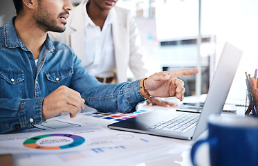 Image showing Computer, business people and data with sales strategy and communication at a company. Talking, collaboration and teamwork with brainstorming and paperwork analysis of workforce with staff statistics