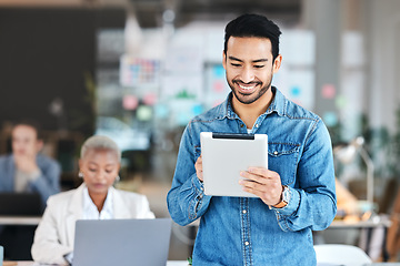 Image showing Tablet, agency and web developer working or employee happy for startup programming on a website, web or internet. Smile, technology and businessman in typing in an office for an online proposal