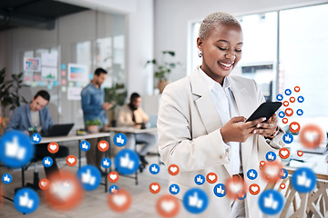 Image showing Social media, icon and woman use phone in an office texting or networking as communication with overlay of like emoji. Digital, chat and employee or worker texting on a mobile app, website or web