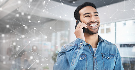 Image showing Network, thinking and a businessman on a phone call with an overlay for planning and communication. Happy, idea and an Asian person speaking on a mobile with a vision for global growth of company