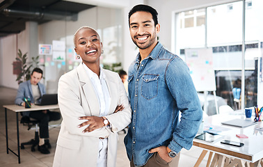 Image showing Business people, portrait and happy laughing in office for leadership, motivation and partnership. Face, diversity and design team collaboration with smile, teamwork and startup, mission or goal