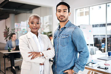 Image showing Business people, portrait and arms crossed in office for leadership, motivation and partnership. Face, diversity and design team collaboration with mindset, teamwork and startup mission inspiration