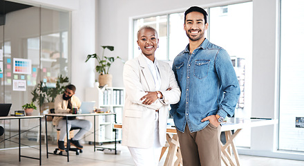 Image showing Happy, business people and portrait in office for leadership, support or motivation at design agency. Face, friends and designer colleagues with diversity at startup for career, goal or collaboration