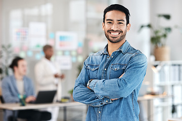 Image showing Portrait, confident and happy man in office with mockup, leadership and startup business ceo at agency. Project management career, smile and businessman boss with arms crossed in corporate work space