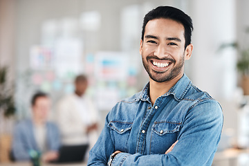 Image showing Portrait, business and man with arms crossed, smile or success with a career, professional or confident. Face, male person or employee with office or advertising agent with happiness or goals