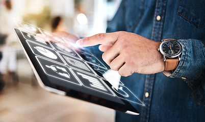 Image showing Hands, tablet and hologram dashboard in office, startup and typing for web design, ux test and futuristic app. Developer, holographic user experience and digital touchscreen for menu, planning and ui