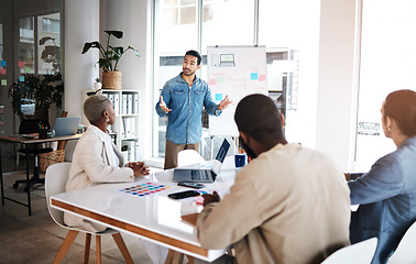 Image showing Business presentation, man and leadership with seminar and analytics of a worker. Workshop, employee and team with brainstorming and creative design strategy with teamwork and marketing collaboration