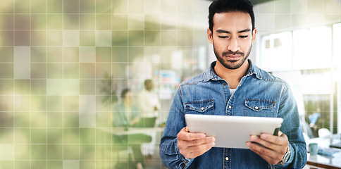 Image showing Tablet, overlay and businessman typing in mockup space working for startup financial growth on a website, web or internet. Serious, technology and employee planning a digital and finance proposal