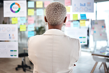 Image showing Business woman, back and thinking in project management, marketing or planning at the office. Rear view of Female person, manager or employee checking vision board of company statistics at workplace