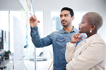 Image showing Creative people, writing and thinking on glass board for schedule planning, strategy or brainstorming at office. Man and woman in teamwork for startup project plan, sticky note or tasks at workplace