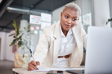 Image showing Business woman, reading research and graphic designer with notes and planning for project. Company, African female person and design strategy in a office writing information for website at agency