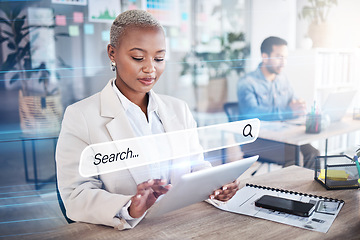 Image showing Woman, business and tablet search engine for information hologram, SEO graphic and iot research. Creative, worker and African employee on digital web technology, internet and office browsing overlay