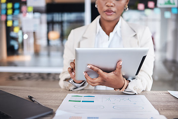 Image showing Tablet, data and documents with a business black woman planning a strategy for future development in her office. Hands, research or innovation with a female employee sitting in a corporate workplace