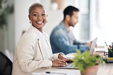 Image showing Portrait, staff or black woman with a laptop, smile or business with marketing expert, website information or planning. Face, female person or agent with a pc, growth or review success with happiness
