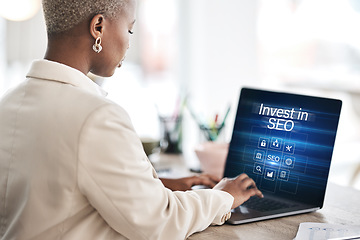 Image showing SEO training, laptop and a business black woman in her office for learning, growth or development. Computer, education and upskill with a young female employee using an online course to study at work