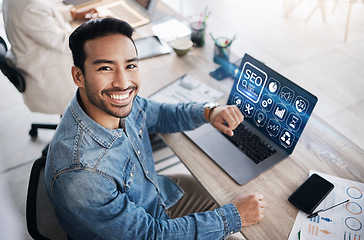 Image showing Seo, laptop screen and ux with portrait of man in office for research, communication and website. Internet, social media and app with employee in digital agency for creative, blog and technology