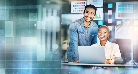 Image showing Teamwork, laptop and space with portrait of business people in office for creative, networking and review. Collaboration, mockup and startup with man and black woman in digital agency for website