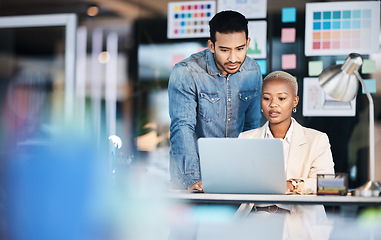 Image showing Laptop, designer collaboration and business people reading, problem solving and working on creative design deadline. Diversity partnership, startup teamwork and professional team review research plan