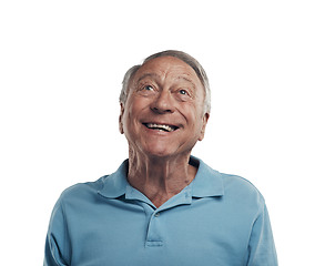 Image showing Happy, excited and face of senior man with smile on isolated, png and transparent background. Happiness, thinking and elderly male person with wow expression, positive attitude and ideas for promo