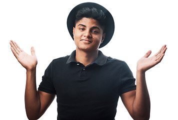Image showing Choice, portrait and happy man with open hands, transparent or positive mindset. Casual style, smile and cool indian person with hand gesture for shrug or unsure emoji isolated on png background