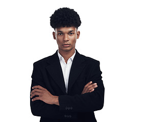 Image showing Fashion, crossed arms and portrait of a man with confidence in a formal, elegant and stylish suit. Serious, cool and face of a male model with classy style isolated by a transparent png background.